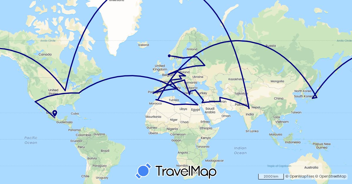 TravelMap itinerary: driving in Austria, Belgium, Czech Republic, Germany, Egypt, France, Greece, Hungary, Israel, India, Iran, Italy, Japan, Libya, Morocco, Mexico, Norway, Poland, Portugal, Russia, Sweden, Syria, Turkey, United States, Vatican City (Africa, Asia, Europe, North America)